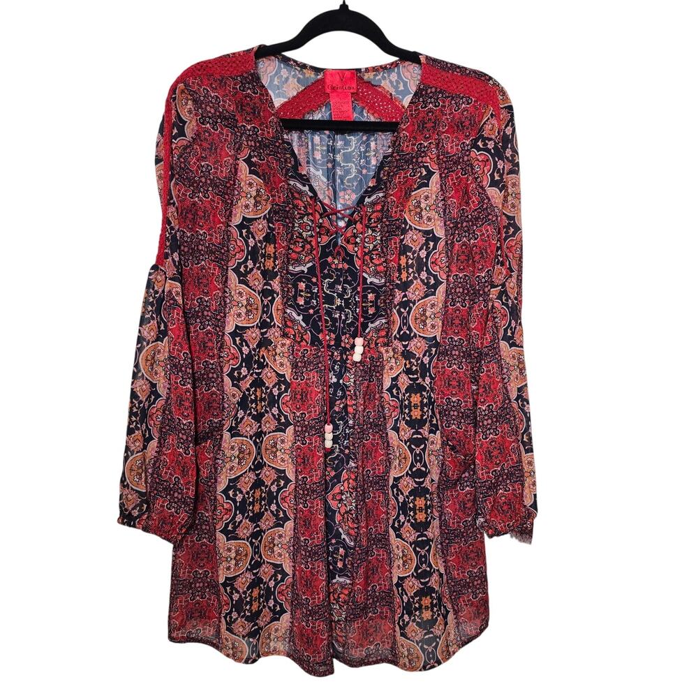 Christina V Sz Large Blouse Boho Cottagecore Peasant Shirt Red Embroidered